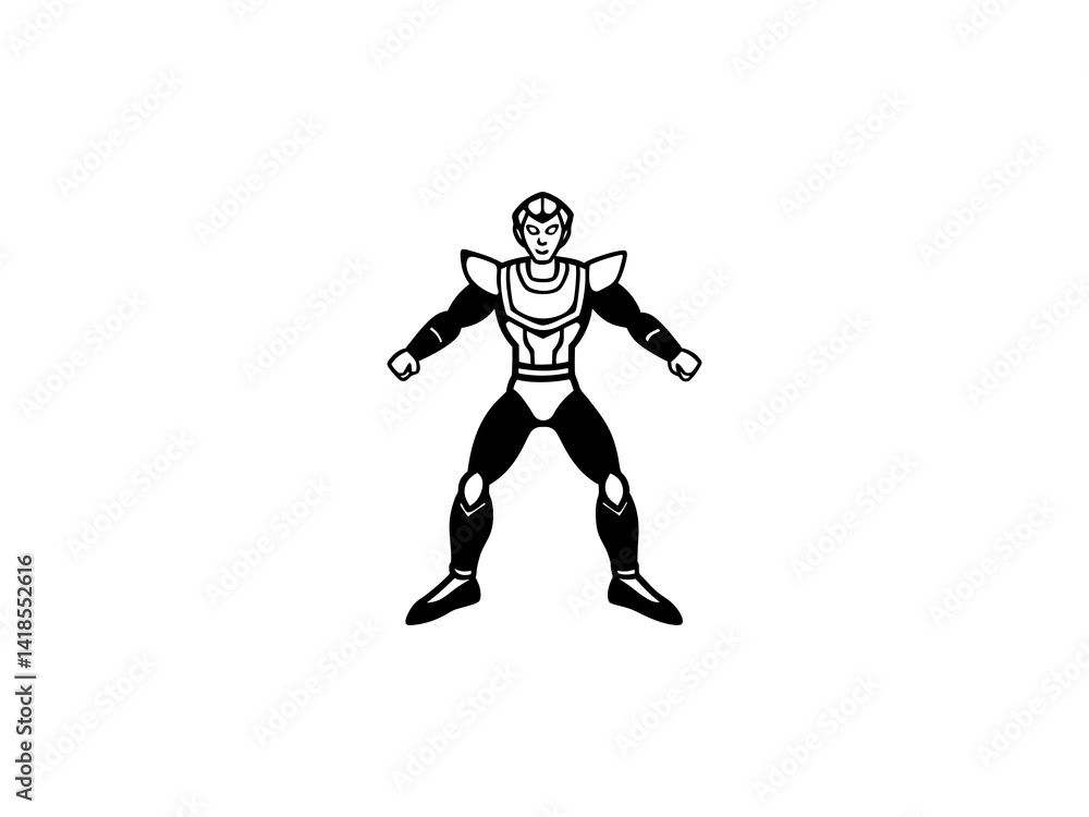 A bold, black and white illustration of a cartoon superhero.