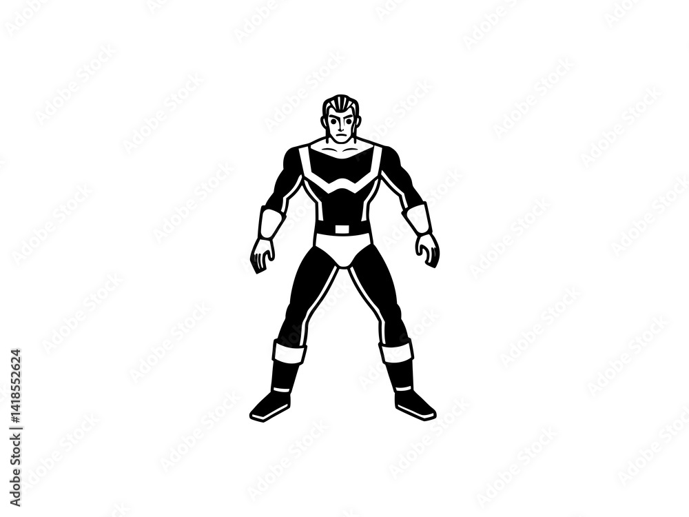 A bold, black and white illustration of a cartoon superhero.