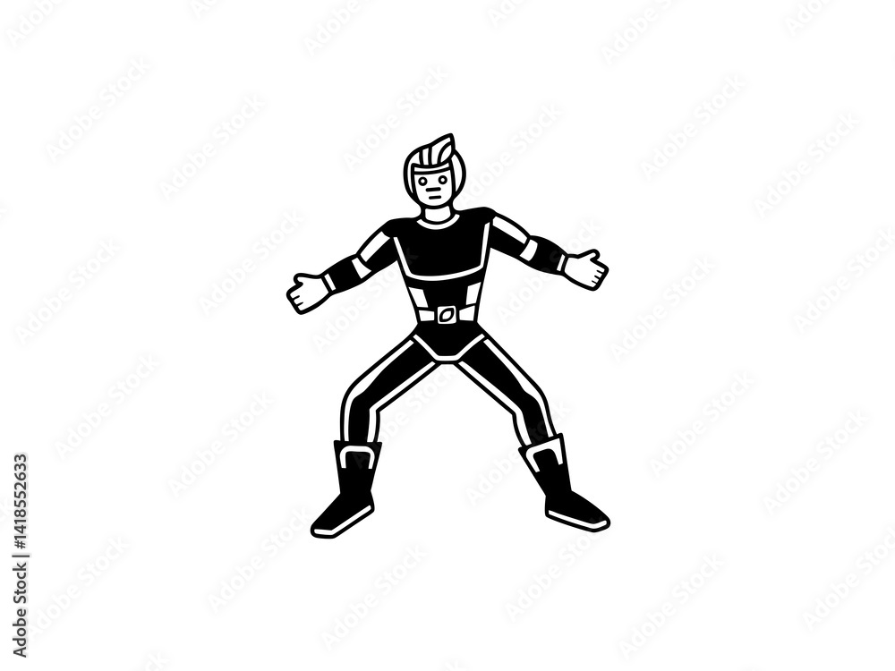 A bold, black and white illustration of a cartoon superhero.