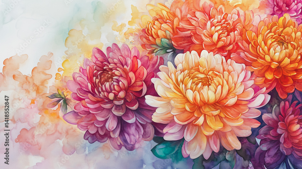 Fototapeta premium Elegant wedding invitation card background . Minimal hand painted watercolor Gerbera flowers texture template background. Design for wedding, vip cover, poster, rsvp moderncard.Valentine's Day