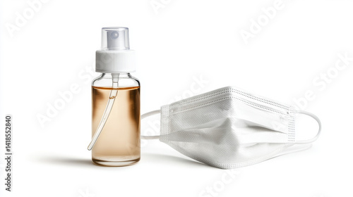 Protective mask and disinfectant spray health essentials for daily life home product photography minimalist style