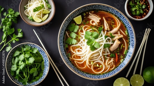 Wallpaper Mural A vibrant bowl of Asian noodle soup garnished with eggs, cilantro, lime, and chili, accompanied by side dishes on a dark table setting Torontodigital.ca