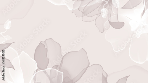 Floral abstract background, a soft, translucent flowers in shades of muted pink and white on a light pink background, creating a frame-like effect with a blank space in the center