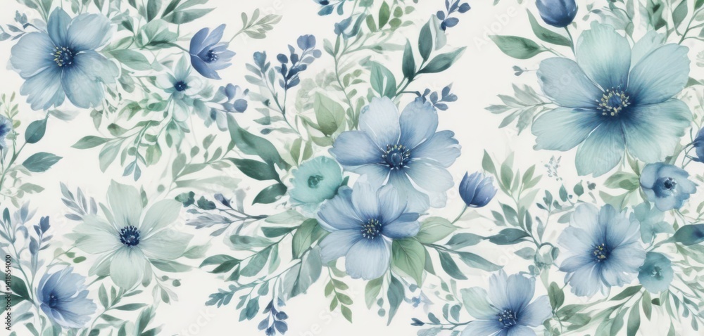 Fototapeta premium Creamy white background, delicate blue and green watercolor floral pattern , botanical, stationery