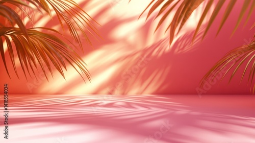 Pink studio backdrop, palm shadows, sunlight, product display, summer