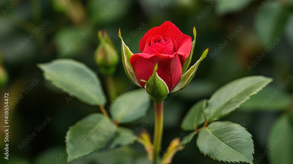 Red rosebud blooming, garden background, floral design Red rosebud blooming, garden background, floral design