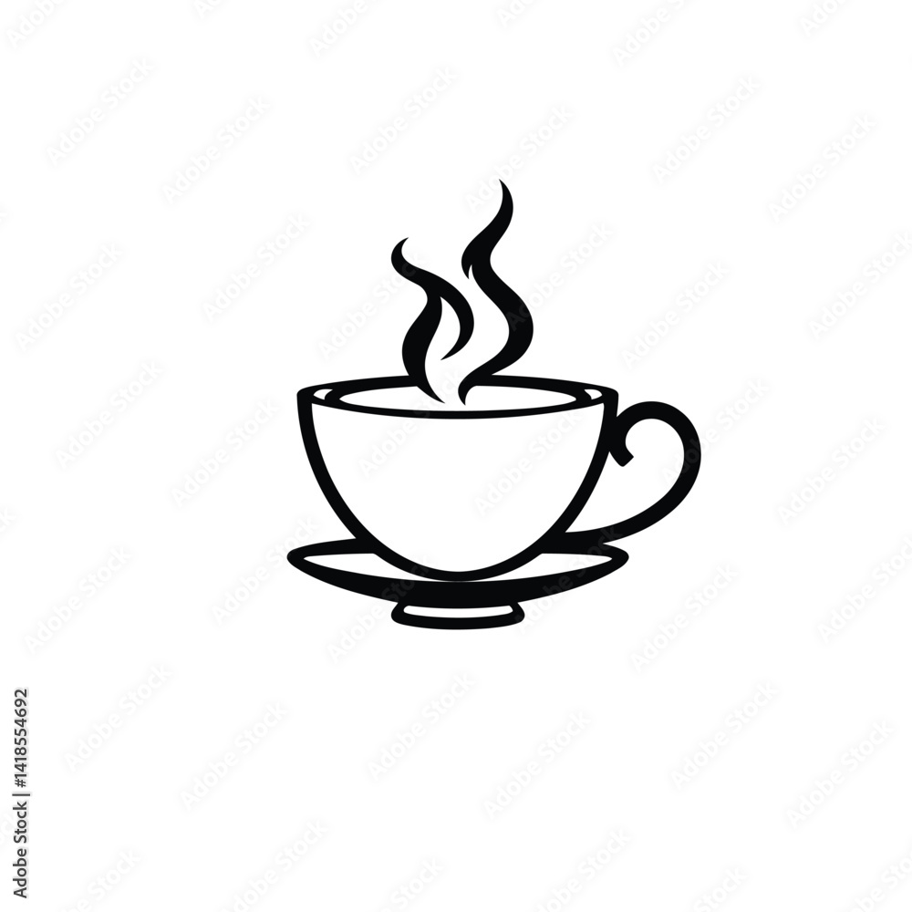 Fototapeta premium Clean lines teacup logo a black silhouette of a teacup and steam, in a geometric style. The logo is centrally positioned on a white background, exhibiting perfect symmetry and visual clarity