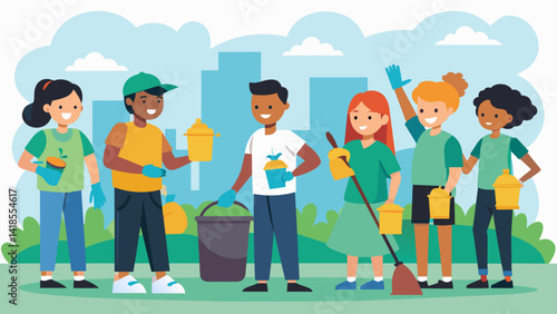 Armed with cleaning supplies a team of teens organized a communitywide cleanup event ensuring that their neighborhood remained free of trash and. Vector illustration