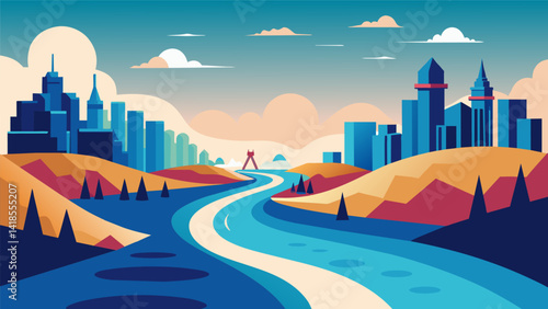 Journey through a virtual river that winds its way through a bustling city the sights and sounds of the urban landscape contrasting with the. Vector illustration