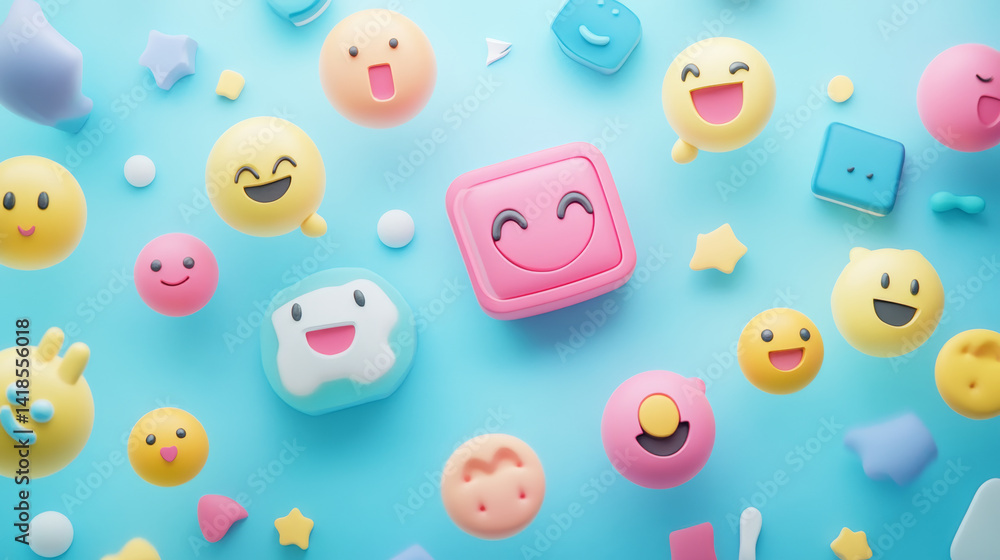 Joyful expressions of colorful emoticons creative space digital art playful environment overhead view happiness concept Joyful expressions of colorful emoticons creative space digital art playful environment overhead view happiness concept
