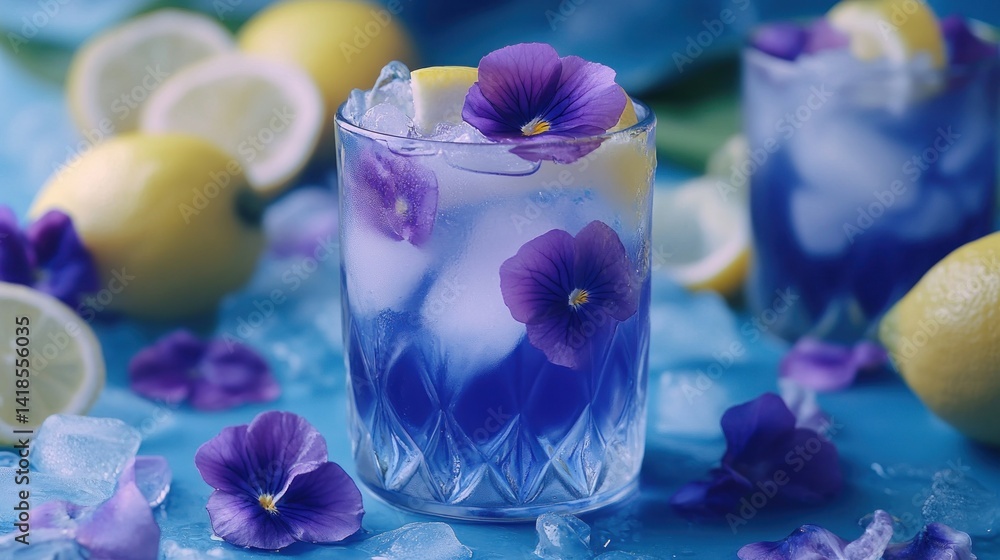 Refreshing violet-blue drink with lemon slices and edible flowers Refreshing violet-blue drink with lemon slices and edible flowers