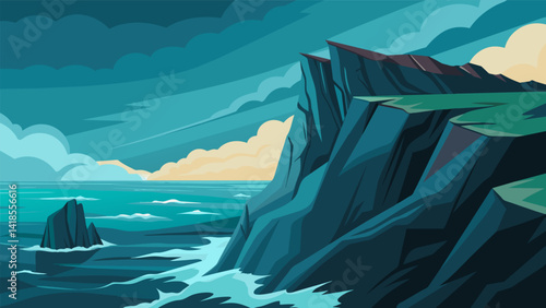 A rocky cliff overlooking a turbulent sea the height and movement mirroring the artists intense emotional journey.. Vector illustration