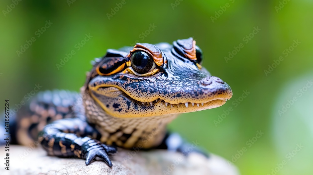 Obraz premium Baby Alligator on Rock Vivid Detail Macro Photography Close-up Portrait View Scaly Texture Curious Gaze Lush Green Background Dark Jewel Tones Perfect for Nature Documentaries