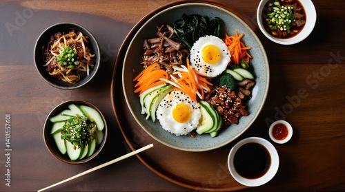 Wallpaper Mural Colorful Korean bibimbap with rice, vegetables, eggs, and marinated meat is artfully arranged on a dark background, surrounded by side dishes, showcasing a vibrant culinary presentation Torontodigital.ca