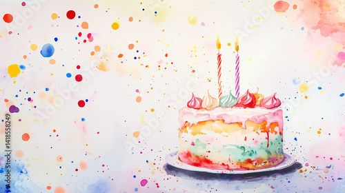 Watercolor Birthday Cake With Candles And Room For Copy