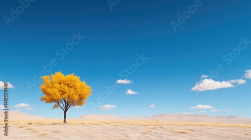 Solitary yellow tree in a vast desert landscape under a vibrant blue sky.  A single golden-yellow tree stands tall amidst a sandy, light beige desert. Fluffy white clouds dot a clear blue sky.