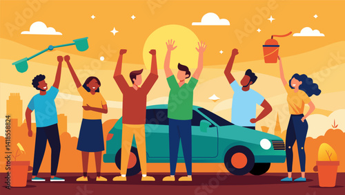 As the sun begins to set the youth group wraps up their successful car wash fundraiser proud of the funds they raised to support their churchs. Vector illustration