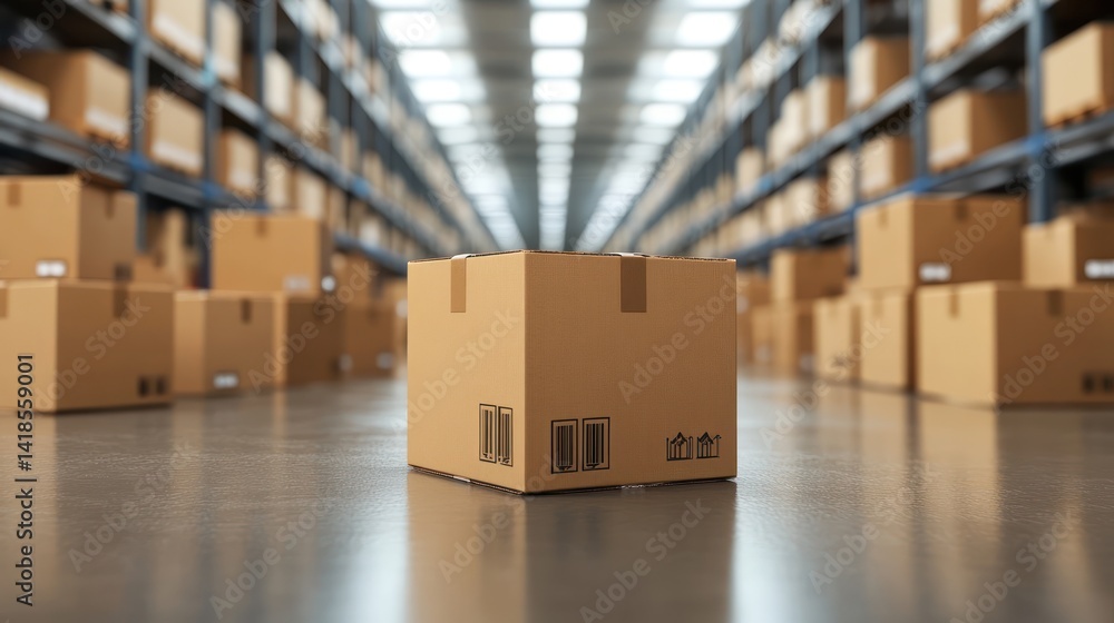 Single Cardboard Box in Warehouse Single Cardboard Box in Warehouse