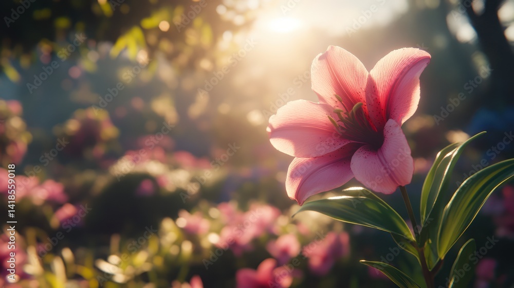 Fototapeta premium Pink lily sunrise garden bloom, peaceful dawn backdrop, website header