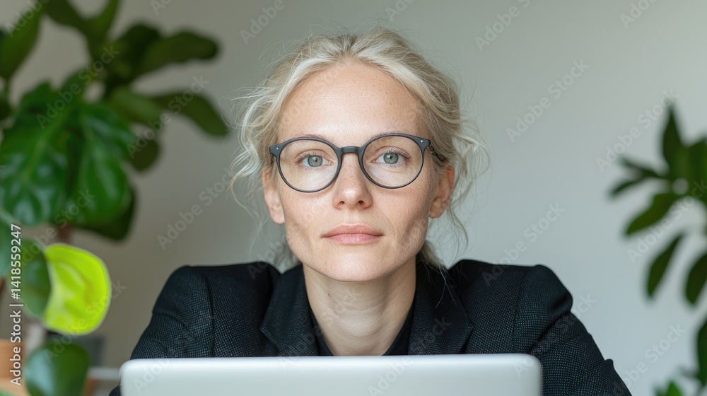 Confident woman, poised for success, working at a laptop. Focused and professional Confident woman, poised for success, working at a laptop. Focused and professional