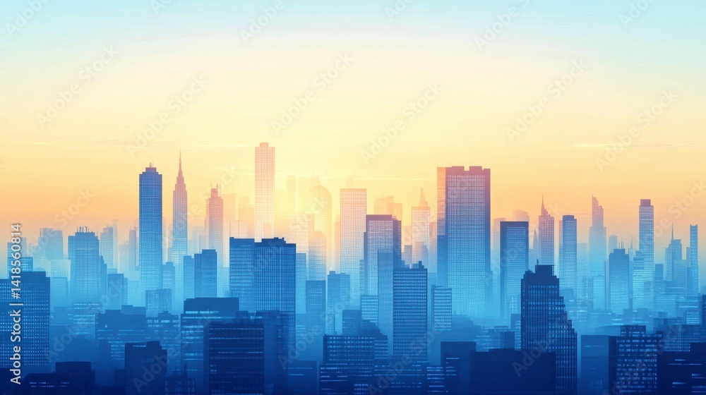 Urban Skyline at Sunrise with Soft Blue and Orange Hues Urban Skyline at Sunrise with Soft Blue and Orange Hues