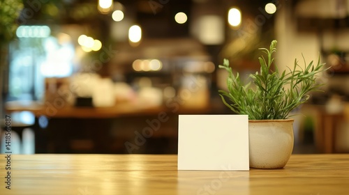 Wallpaper Mural Blank card mock-up, cafe table, plant, bokeh background, menu design Torontodigital.ca