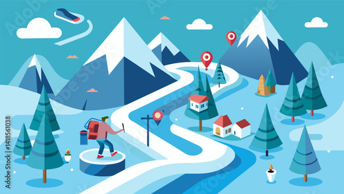 Exploring a virtual ski resort discovering new trails and challenges with every turn.. Vector illustration