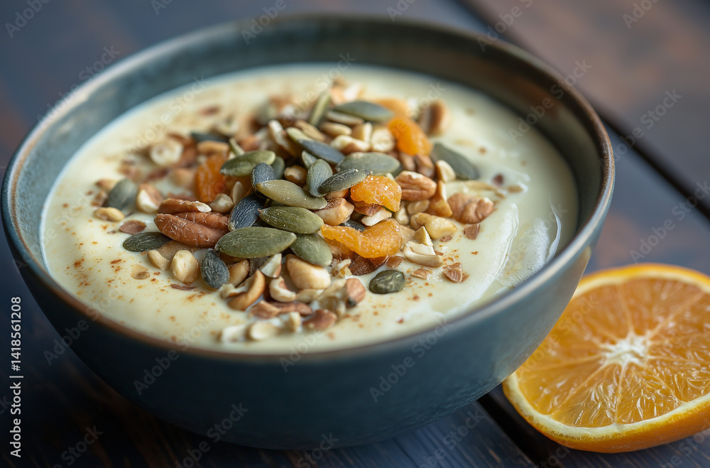 This is a delicious bowl of yogurt with oats, nuts, and dried fruits, colorful and nutritious, a healthy breakfast. This is a delicious bowl of yogurt with oats, nuts, and dried fruits, colorful and nutritious, a healthy breakfast.