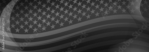 Vector illustration features a stylized, black and white American flag with a dynamic, waving effect, creating a sense of movement and modernity.