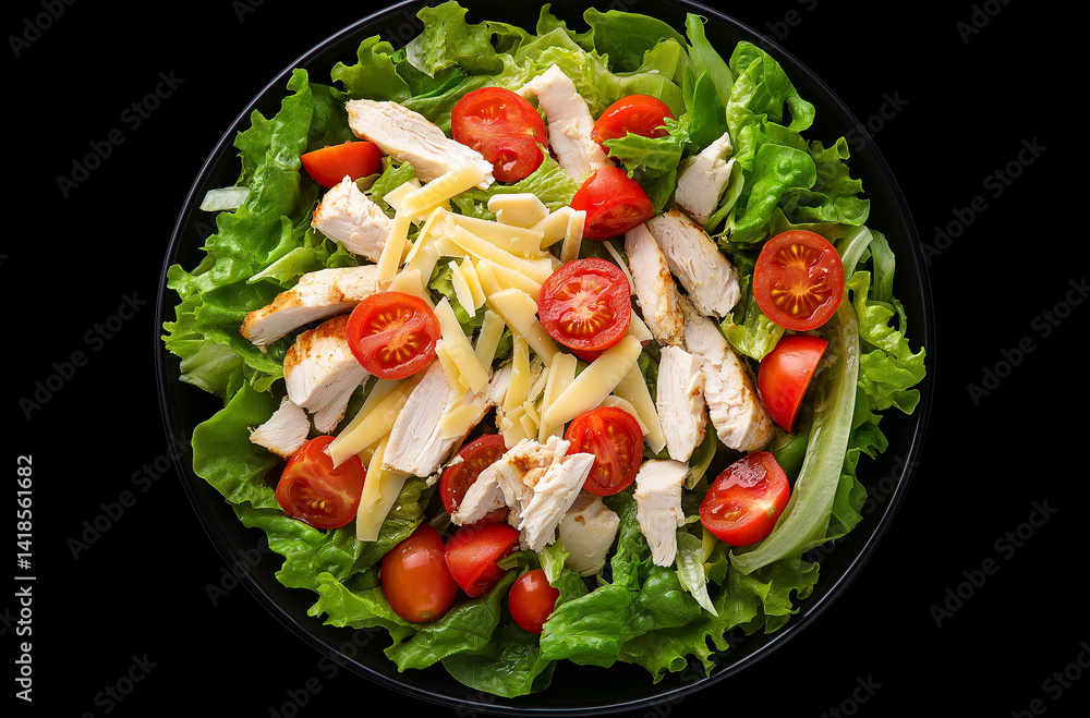 A delicious salad with chicken strips, lettuce, tomatoes, and orange slices, set against a black background. A delicious salad with chicken strips, lettuce, tomatoes, and orange slices, set against a black background.