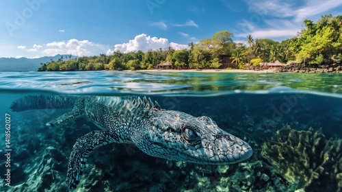 Crocodile in crystal-clear tropical waters