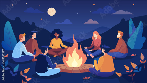 As the night falls leaders sit around a bonfire sharing stories of their personal experiences with their faith and how it has shaped their leadership. Vector illustration