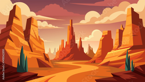 Embark on a virtual expedition through a desert canyon marveling at its towering rock formations and hidden oases.. Vector illustration