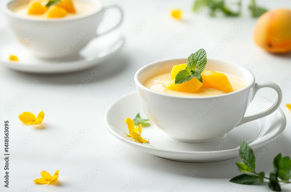 Two cups of dessert filled with cream and mango chunks, garnished with mint leaves and petals, placed on a white table, emitting a fresh and enticing aroma. Two cups of dessert filled with cream and mango chunks, garnished with mint leaves and petals, placed on a white table, emitting a fresh and enticing aroma.