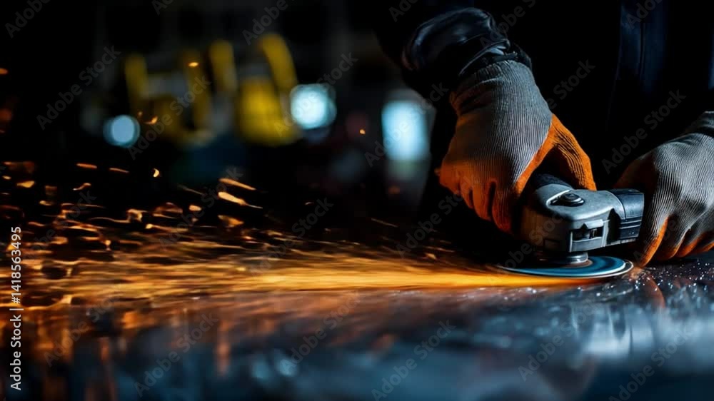 Sparks and Steel: A skilled worker, engulfed in the vibrant glow of sparks, meticulously shapes a metal surface with a high-powered grinder, embodying industrial precision and the artistry of labor. Sparks and Steel: A skilled worker, engulfed in the vibrant glow of sparks, meticulously shapes a metal surface with a high-powered grinder, embodying industrial precision and the artistry of labor.