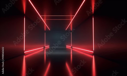  Red neon lights glowing in the dark, empty room. An abstract background with square lines and lines of light on the concrete floor. A neon lighting effect for modern technology or a futuristic design