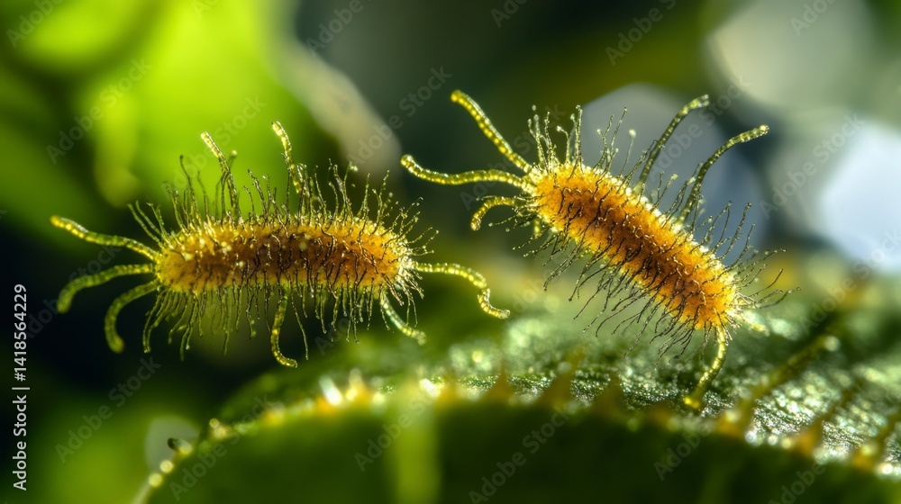 Fototapeta premium Close-up of Yellow Microorganisms on Green Leaf Surface