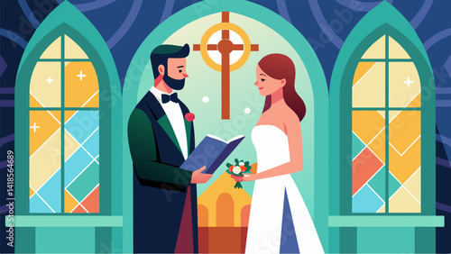 A couple dressed in elegant formal wear stands before a beautiful stained glass window as they renew their marriage vows in a church ceremony.. Vector illustration