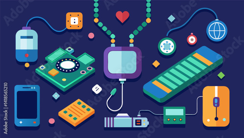 A collection of jewelry made from discarded electronics such as circuit boards and keyboard keys.. Vector illustration