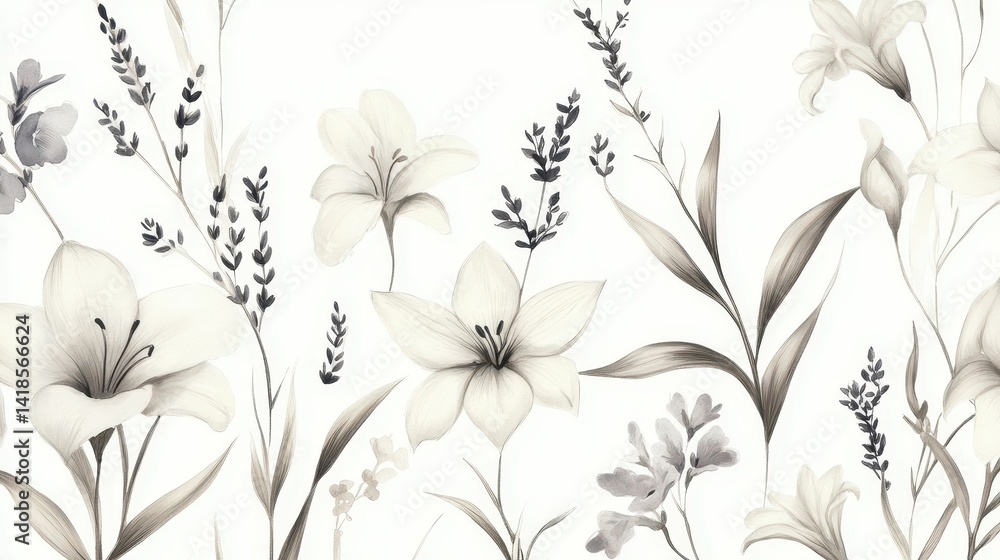 Fototapeta premium Monochrome floral illustration, lilies, delicate brushstrokes.