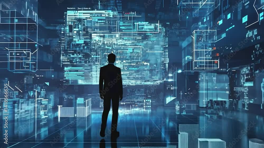 Futuristic cityscape digital background with person gazing, for presentation Futuristic cityscape digital background with person gazing, for presentation