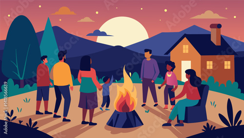 As the sun set on the first day of playing in the new church playground families gathered around a bonfire reminiscing on the community effort it took. Vector illustration