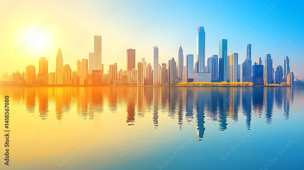 Fototapeta premium Sunrise cityscape reflecting on calm water.