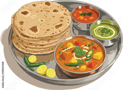 Delicious Indian Thali with Roti and Curries