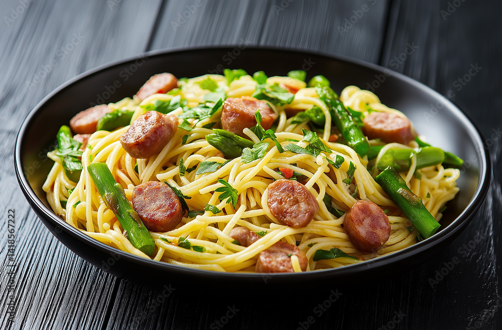spaghetti with meatballs,Italian pasta with asparagus and sausage in a black plate, vibrant colors stand out against the dark background, highlighting its appetizing appeal. spaghetti with meatballs,Italian pasta with asparagus and sausage in a black plate, vibrant colors stand out against the dark background, highlighting its appetizing appeal.