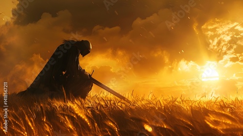 A lone warrior kneels in a field of golden wheat at dawn, his sword plunged into the earth, the rising sun casting an ethereal glow around him