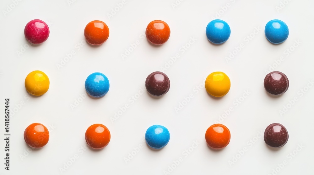 Colorful Candy Arrangement in a Geometric Pattern on White Surface Colorful Candy Arrangement in a Geometric Pattern on White Surface