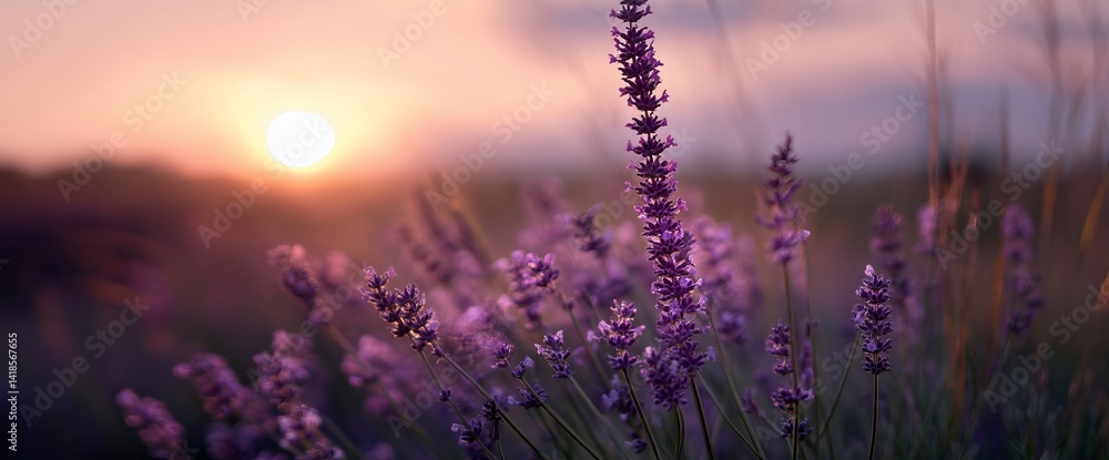 Naklejka premium Lavender Fields at Sunset: Serene Purple Blossoms bathed in Golden Light