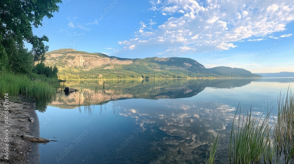 Fototapeta premium Serene lake reflects mountains, sky, clouds.