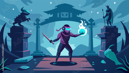 Explore a mystical temple in virtual reality facing off against ancient warriors and conquering deadly puzzles to become a true ninja master.. Vector illustration